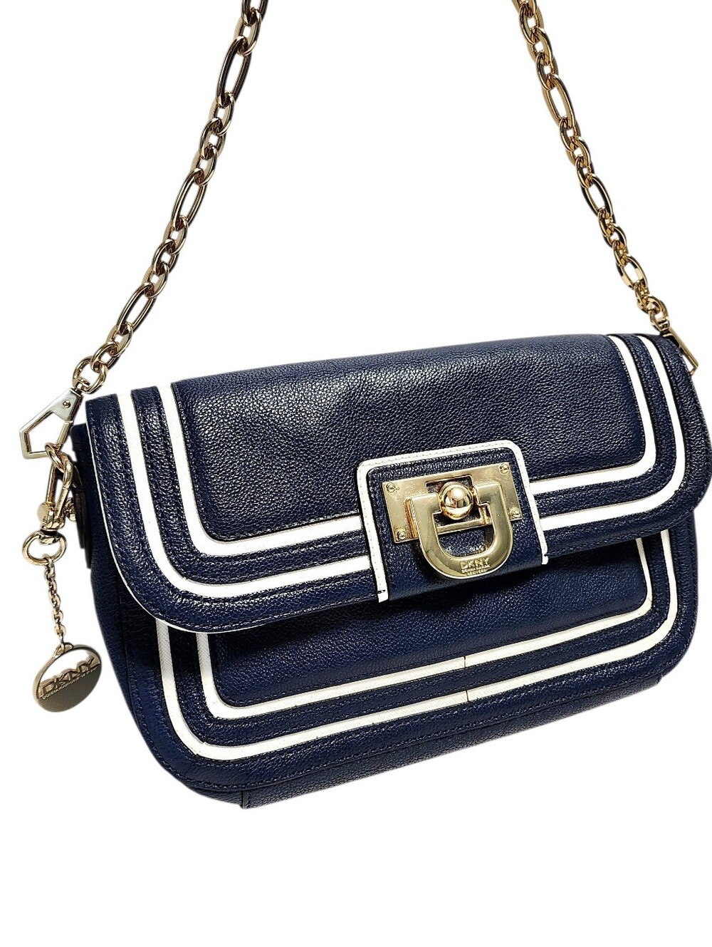 DKNY Navy and White Shoulder Bag with Gold Chain Hardware